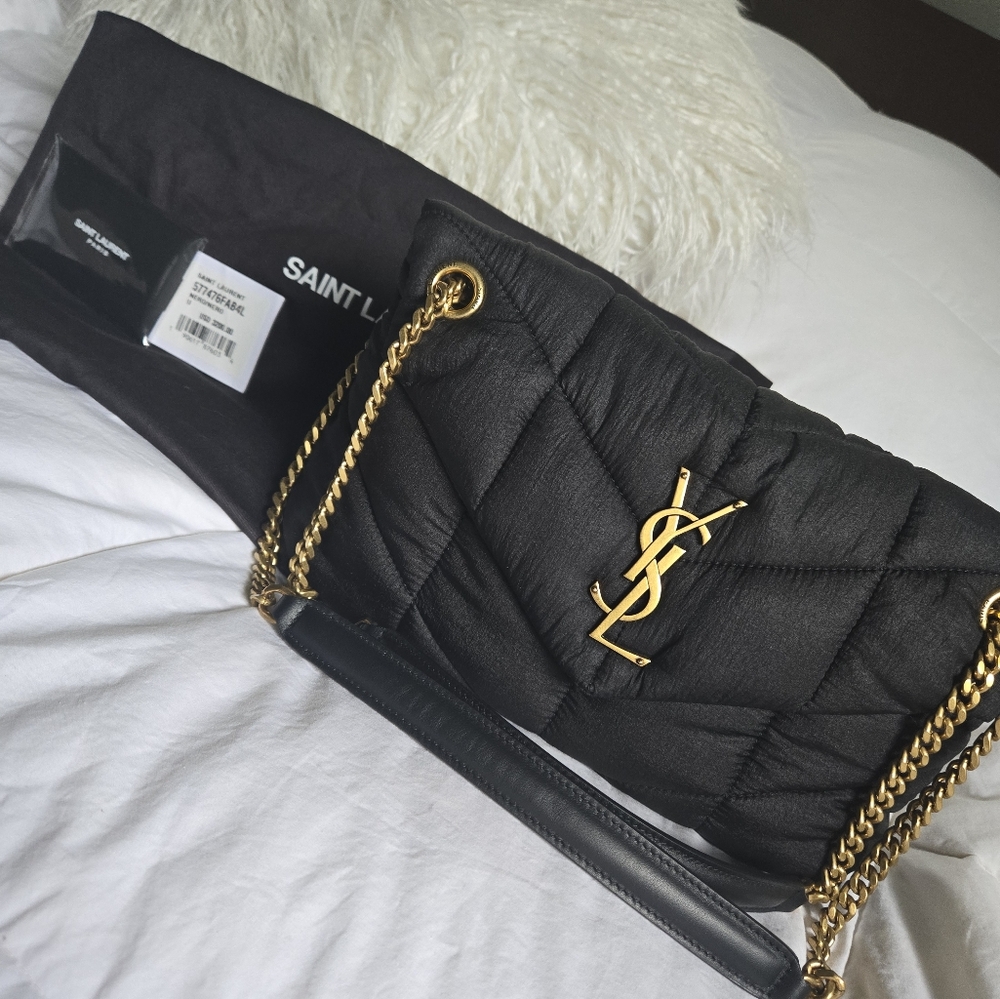 Saint Laurent Black Quilted Nylon Small Loulou Puffer Chain Bag NWT